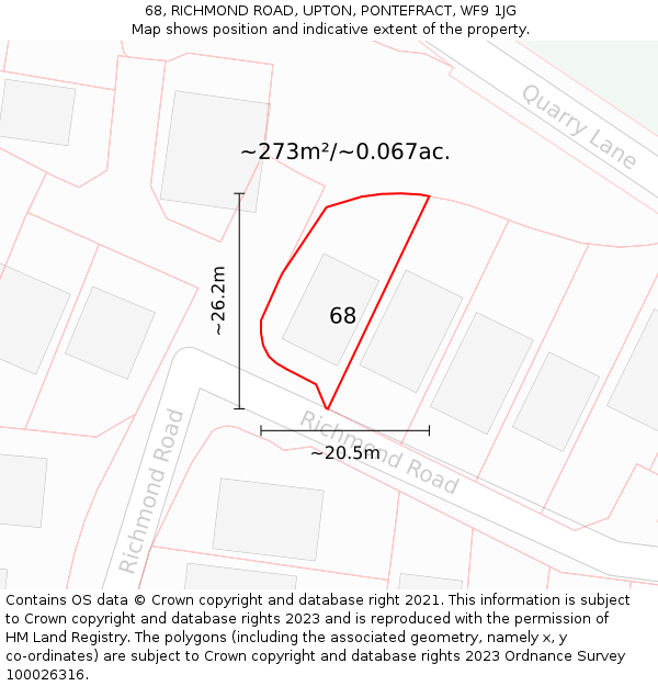 68, RICHMOND ROAD, UPTON, PONTEFRACT, WF9 1JG: Plot and title map