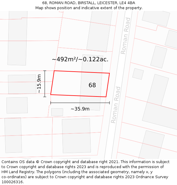 68, ROMAN ROAD, BIRSTALL, LEICESTER, LE4 4BA: Plot and title map