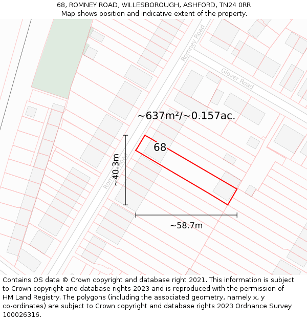 68, ROMNEY ROAD, WILLESBOROUGH, ASHFORD, TN24 0RR: Plot and title map