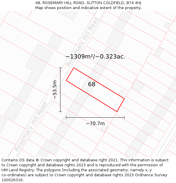 68, ROSEMARY HILL ROAD, SUTTON COLDFIELD, B74 4HJ: Plot and title map