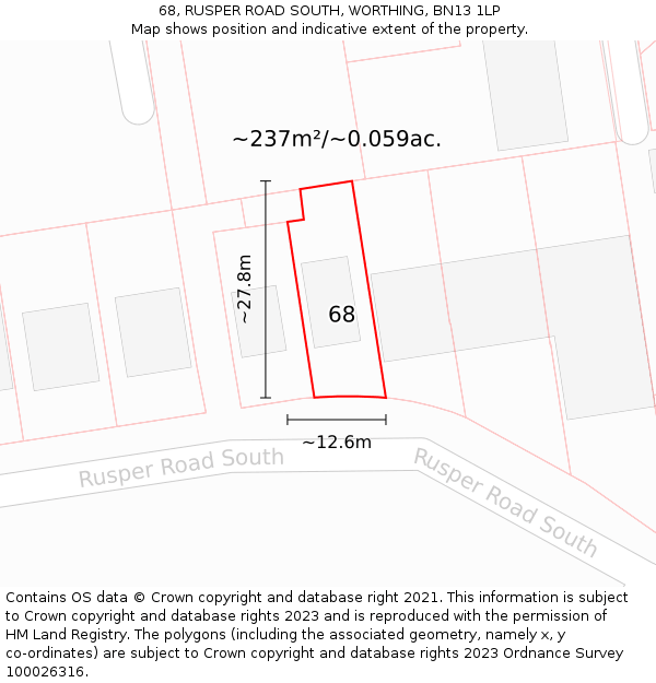 68, RUSPER ROAD SOUTH, WORTHING, BN13 1LP: Plot and title map