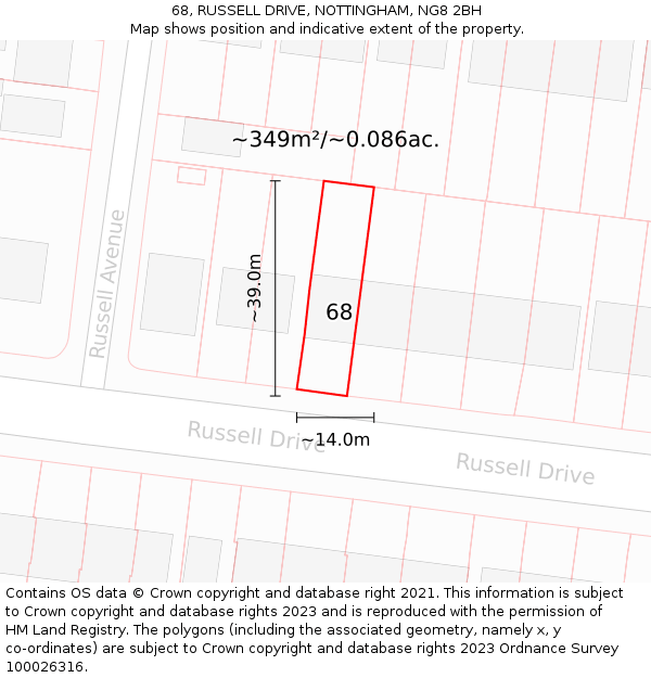 68, RUSSELL DRIVE, NOTTINGHAM, NG8 2BH: Plot and title map