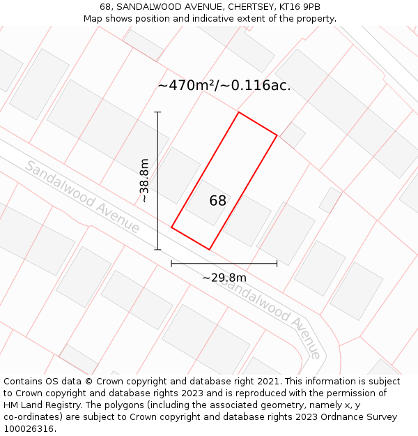 68, SANDALWOOD AVENUE, CHERTSEY, KT16 9PB: Plot and title map