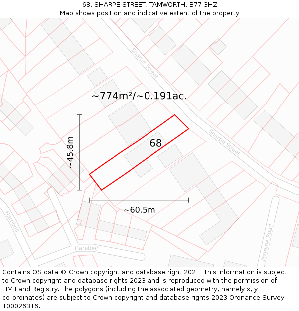 68, SHARPE STREET, TAMWORTH, B77 3HZ: Plot and title map