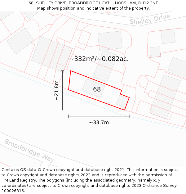 68, SHELLEY DRIVE, BROADBRIDGE HEATH, HORSHAM, RH12 3NT: Plot and title map