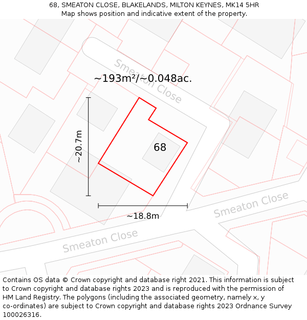 68, SMEATON CLOSE, BLAKELANDS, MILTON KEYNES, MK14 5HR: Plot and title map