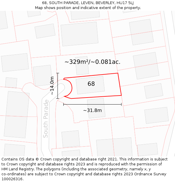 68, SOUTH PARADE, LEVEN, BEVERLEY, HU17 5LJ: Plot and title map