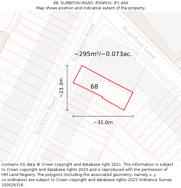 68, SURBITON ROAD, IPSWICH, IP1 4AX: Plot and title map