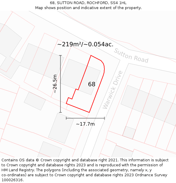 68, SUTTON ROAD, ROCHFORD, SS4 1HL: Plot and title map