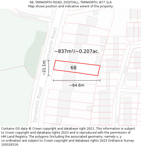 68, TAMWORTH ROAD, DOSTHILL, TAMWORTH, B77 1LA: Plot and title map