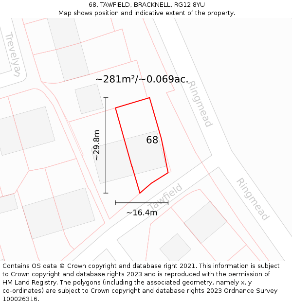 68, TAWFIELD, BRACKNELL, RG12 8YU: Plot and title map