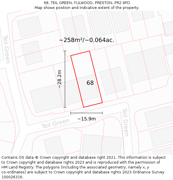 68, TEIL GREEN, FULWOOD, PRESTON, PR2 9PD: Plot and title map