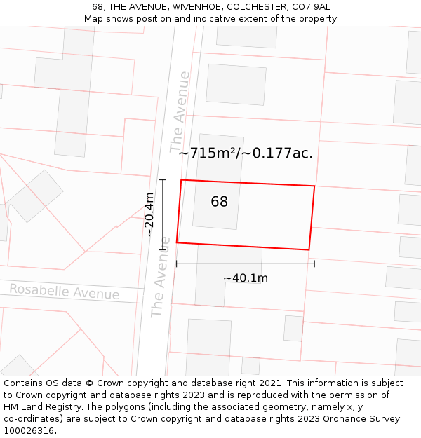 68, THE AVENUE, WIVENHOE, COLCHESTER, CO7 9AL: Plot and title map