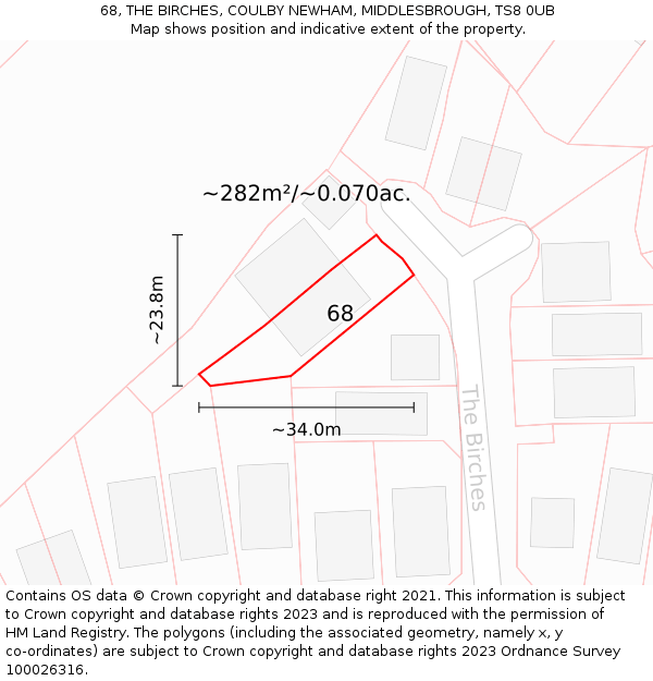68, THE BIRCHES, COULBY NEWHAM, MIDDLESBROUGH, TS8 0UB: Plot and title map
