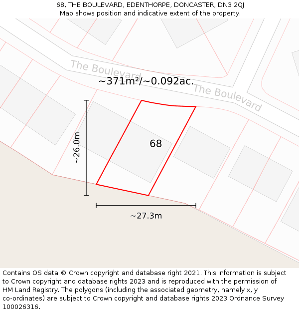 68, THE BOULEVARD, EDENTHORPE, DONCASTER, DN3 2QJ: Plot and title map