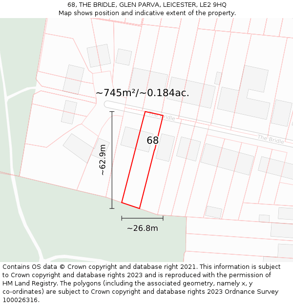 68, THE BRIDLE, GLEN PARVA, LEICESTER, LE2 9HQ: Plot and title map