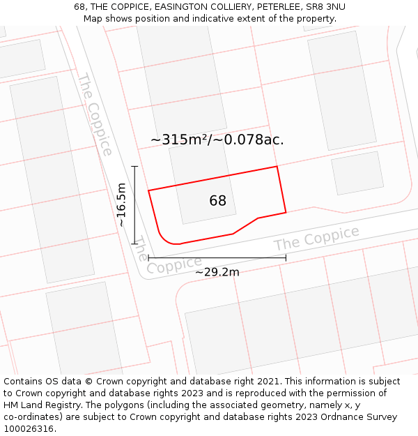 68, THE COPPICE, EASINGTON COLLIERY, PETERLEE, SR8 3NU: Plot and title map