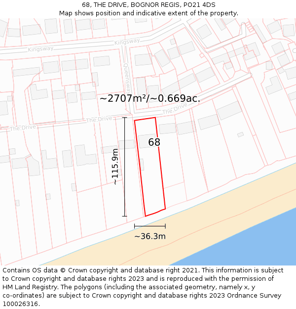 68, THE DRIVE, BOGNOR REGIS, PO21 4DS: Plot and title map