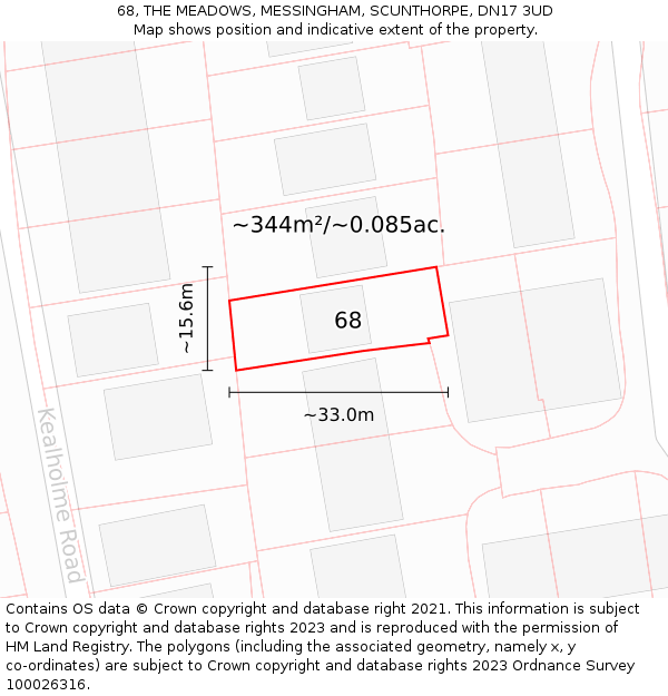 68, THE MEADOWS, MESSINGHAM, SCUNTHORPE, DN17 3UD: Plot and title map