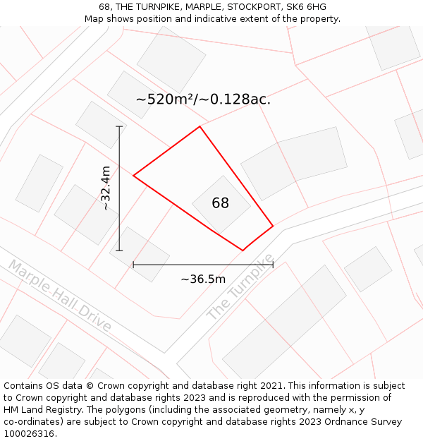 68, THE TURNPIKE, MARPLE, STOCKPORT, SK6 6HG: Plot and title map