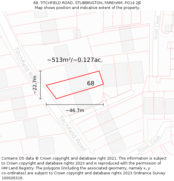 68, TITCHFIELD ROAD, STUBBINGTON, FAREHAM, PO14 2JE: Plot and title map