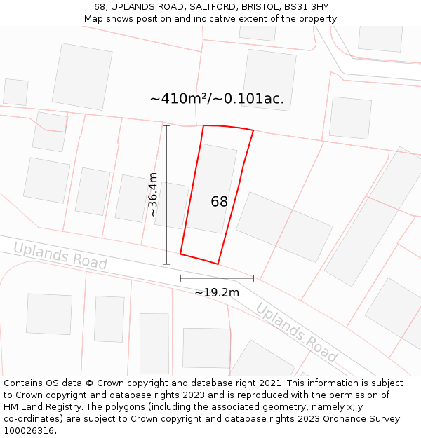 68, UPLANDS ROAD, SALTFORD, BRISTOL, BS31 3HY: Plot and title map