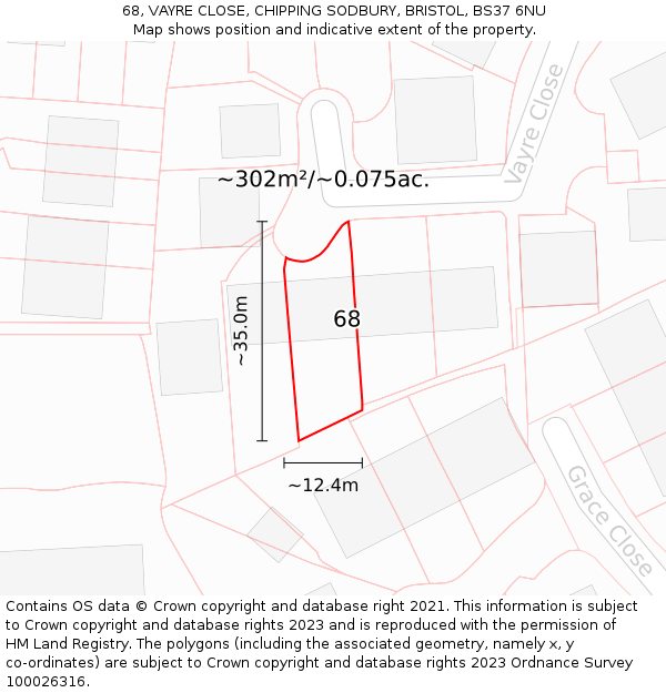 68, VAYRE CLOSE, CHIPPING SODBURY, BRISTOL, BS37 6NU: Plot and title map