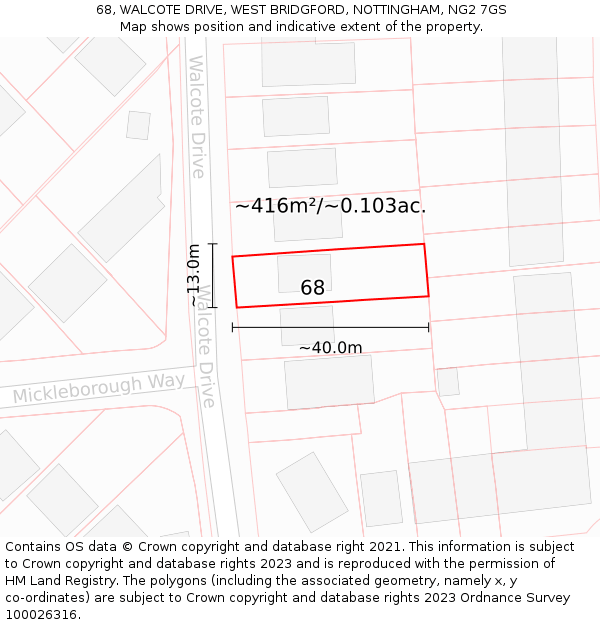 68, WALCOTE DRIVE, WEST BRIDGFORD, NOTTINGHAM, NG2 7GS: Plot and title map