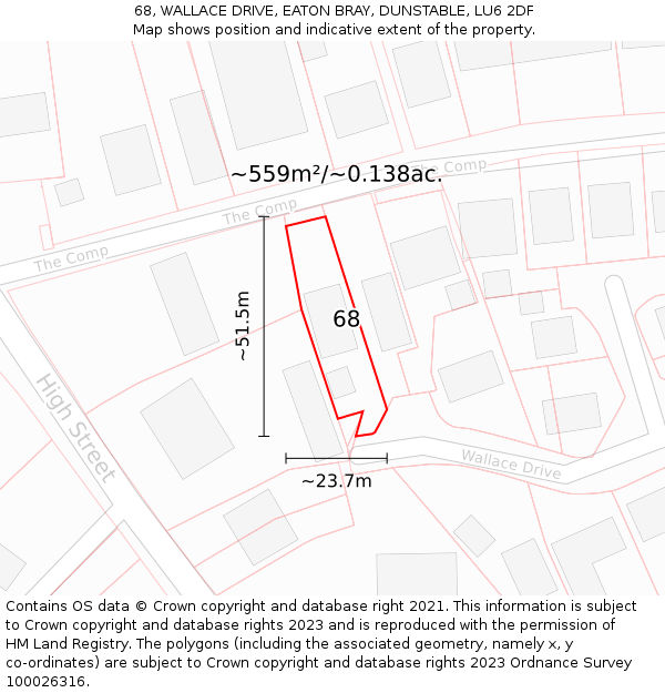 68, WALLACE DRIVE, EATON BRAY, DUNSTABLE, LU6 2DF: Plot and title map