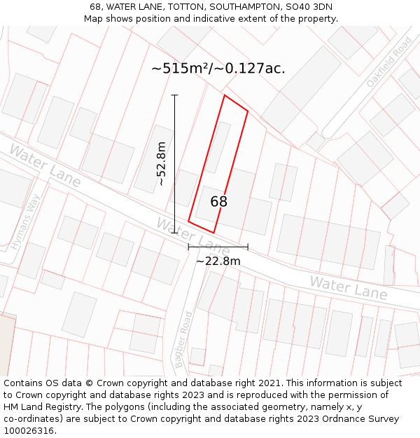 68, WATER LANE, TOTTON, SOUTHAMPTON, SO40 3DN: Plot and title map