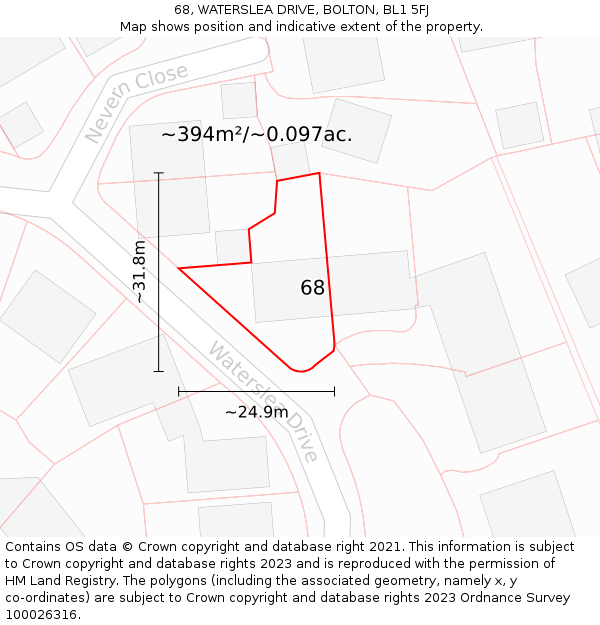 68, WATERSLEA DRIVE, BOLTON, BL1 5FJ: Plot and title map