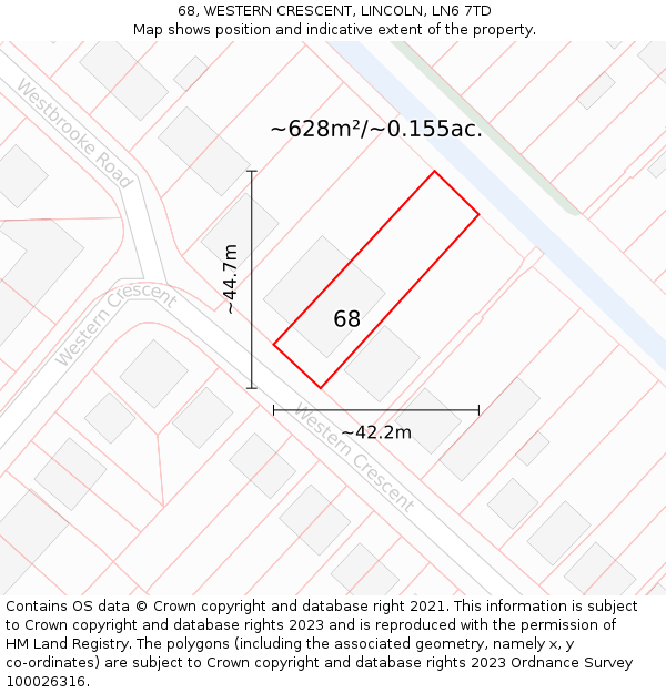 68, WESTERN CRESCENT, LINCOLN, LN6 7TD: Plot and title map