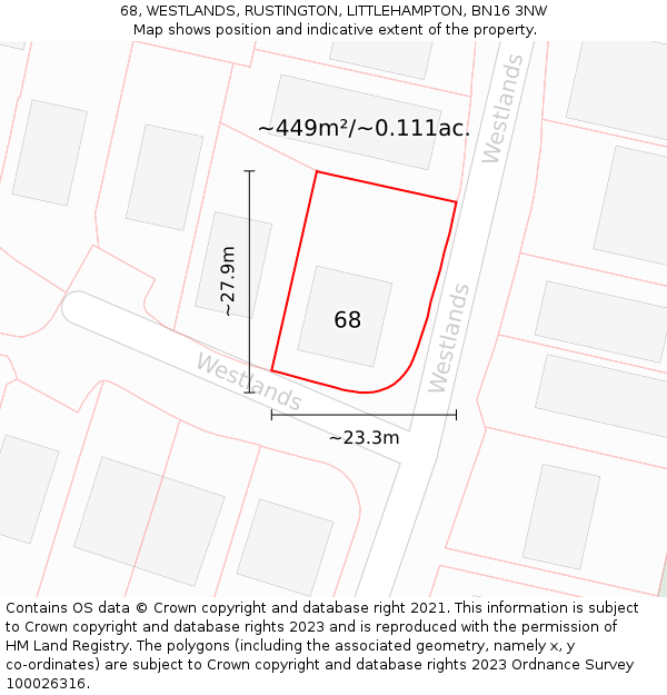 68, WESTLANDS, RUSTINGTON, LITTLEHAMPTON, BN16 3NW: Plot and title map