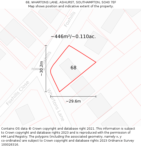 68, WHARTONS LANE, ASHURST, SOUTHAMPTON, SO40 7EF: Plot and title map