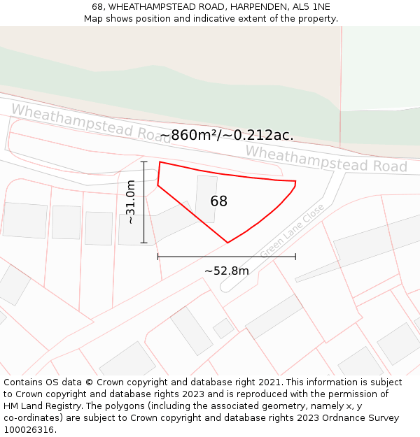 68, WHEATHAMPSTEAD ROAD, HARPENDEN, AL5 1NE: Plot and title map