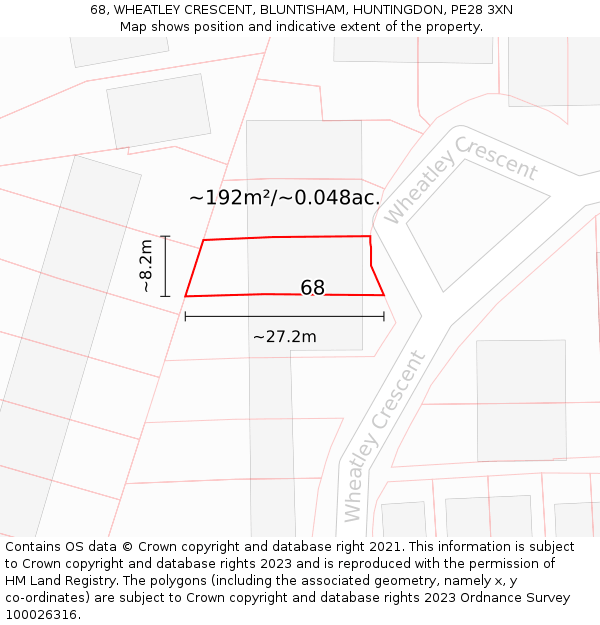 68, WHEATLEY CRESCENT, BLUNTISHAM, HUNTINGDON, PE28 3XN: Plot and title map