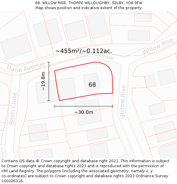 68, WILLOW RISE, THORPE WILLOUGHBY, SELBY, YO8 9FW: Plot and title map