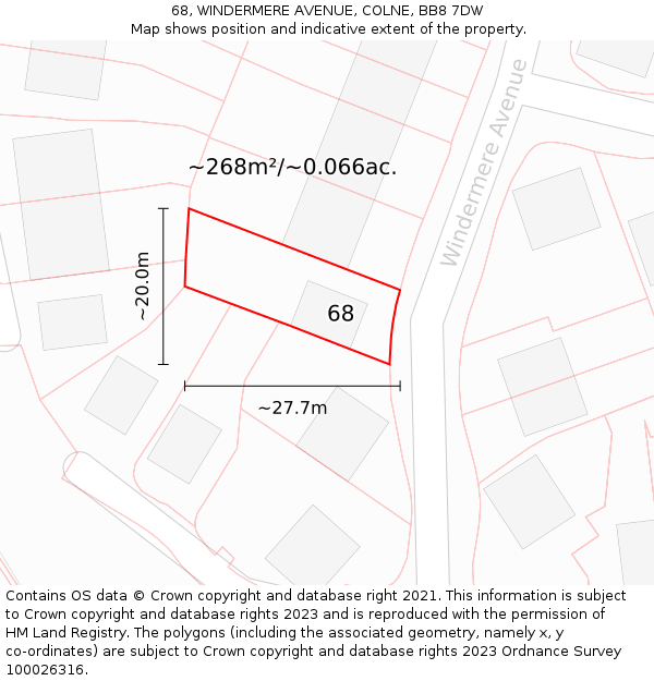 68, WINDERMERE AVENUE, COLNE, BB8 7DW: Plot and title map