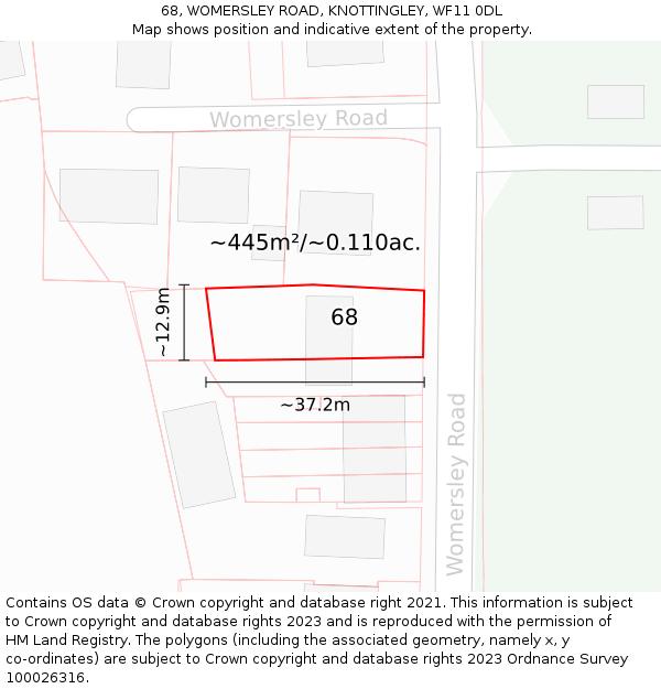 68, WOMERSLEY ROAD, KNOTTINGLEY, WF11 0DL: Plot and title map