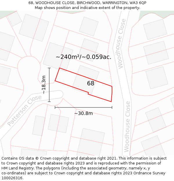 68, WOODHOUSE CLOSE, BIRCHWOOD, WARRINGTON, WA3 6QP: Plot and title map