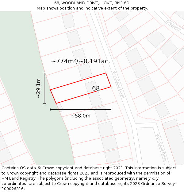 68, WOODLAND DRIVE, HOVE, BN3 6DJ: Plot and title map