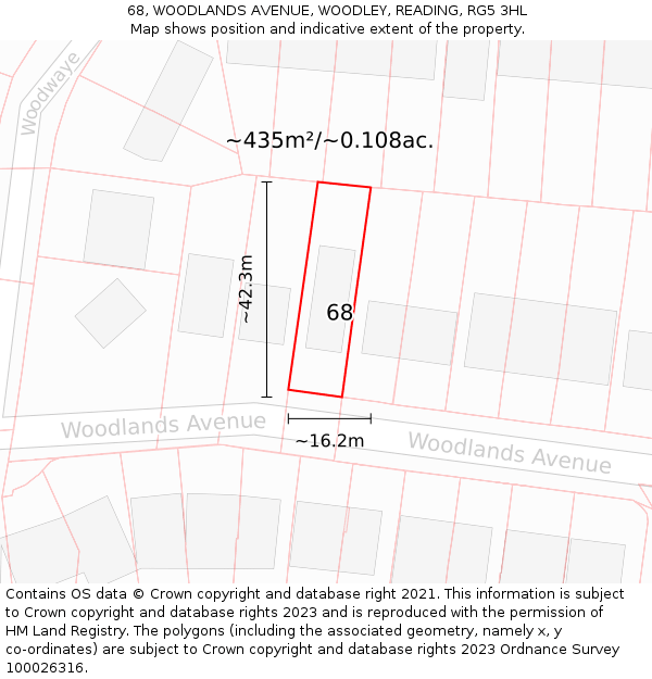 68, WOODLANDS AVENUE, WOODLEY, READING, RG5 3HL: Plot and title map