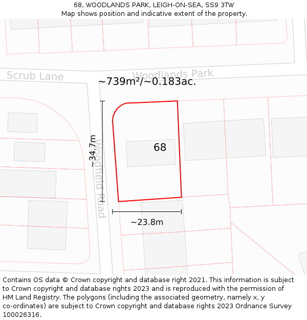 68, WOODLANDS PARK, LEIGH-ON-SEA, SS9 3TW: Plot and title map