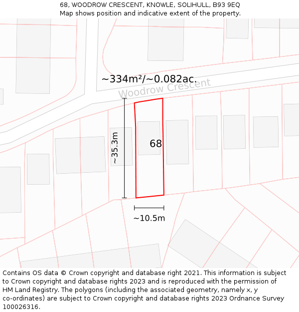 68, WOODROW CRESCENT, KNOWLE, SOLIHULL, B93 9EQ: Plot and title map