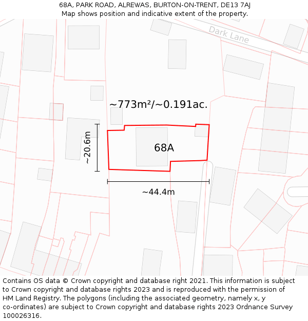 68A, PARK ROAD, ALREWAS, BURTON-ON-TRENT, DE13 7AJ: Plot and title map