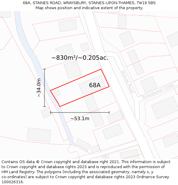 68A, STAINES ROAD, WRAYSBURY, STAINES-UPON-THAMES, TW19 5BS: Plot and title map