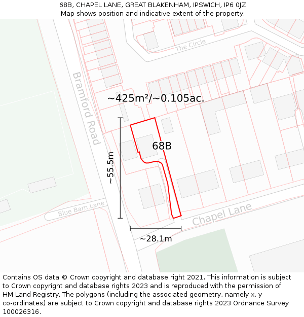 68B, CHAPEL LANE, GREAT BLAKENHAM, IPSWICH, IP6 0JZ: Plot and title map