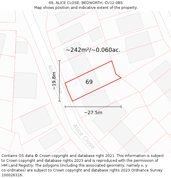 69, ALICE CLOSE, BEDWORTH, CV12 0BS: Plot and title map