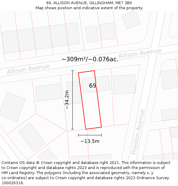 69, ALLISON AVENUE, GILLINGHAM, ME7 3BX: Plot and title map