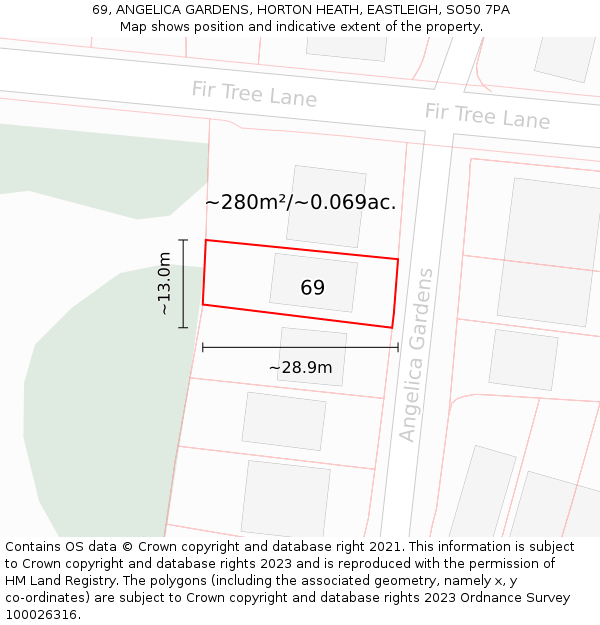 69, ANGELICA GARDENS, HORTON HEATH, EASTLEIGH, SO50 7PA: Plot and title map